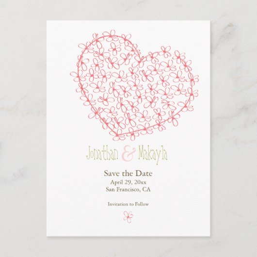 Floral Heart Save the Date: Roze Aankondigingskaart (Voorkant)
