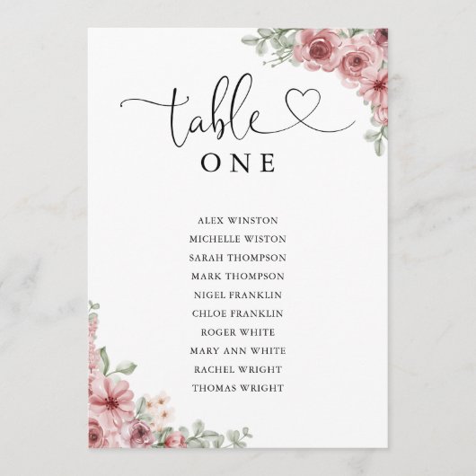 Floral Heart Script Tafelnummer Zitkaart (Voorkant)