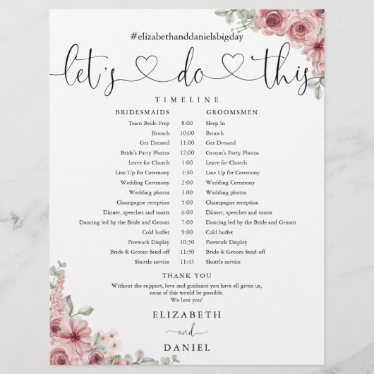 Floral Heart Script Trouwschema Tijdlijn (Voorkant)