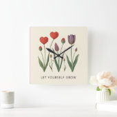 Floral Heart Tulips Let Yourself Grow Quote Vierkante Klok (Huis)