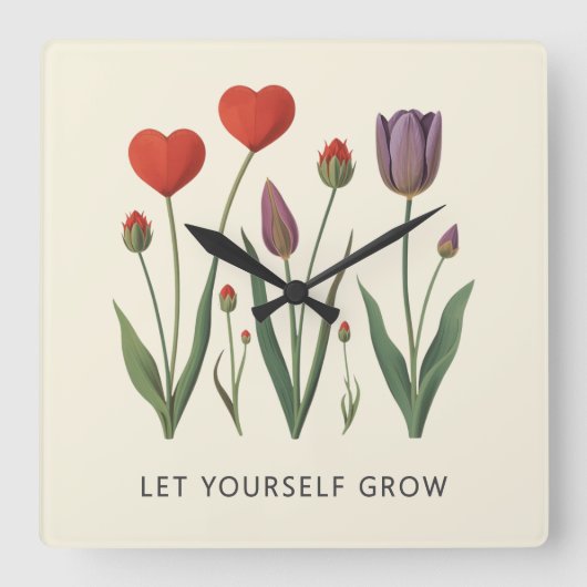Floral Heart Tulips Let Yourself Grow Quote Vierkante Klok (Voorkant)