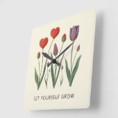 Floral Heart Tulips Let Yourself Grow Quote Vierkante Klok (Hoek)
