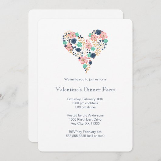 Floral Heart Valentijnse Dinner Party Uitnodiging (Voorkant / Achterkant)