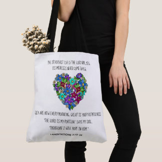 Floral Heart, vers uit Lamentaties 3:22-24 Tote Bag