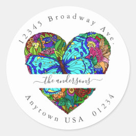 Floral Heart w Butterfly; Return Address Env Seal Ronde Sticker