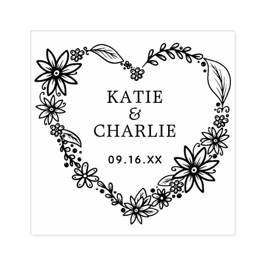 Floral Heart Wreath Couples Names Rubberstempel (Afrduk)