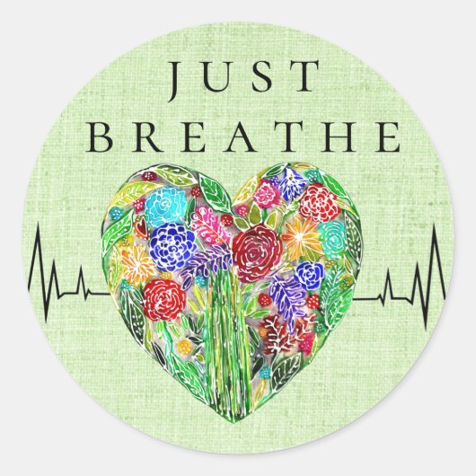 Floral Heartbeat Just Breathe Ronde Sticker (Voorkant)