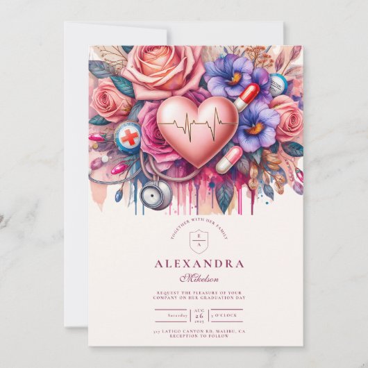 Floral Heartbeat Nurse Afstuderen met stethoscoop Kaart (Voorkant)