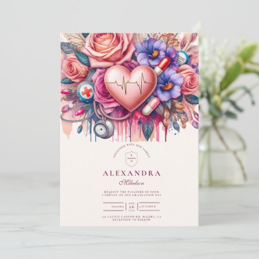 Floral Heartbeat Nurse Afstuderen met stethoscoop Kaart (Staand voorkant)