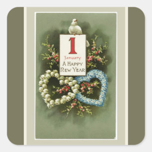 Floral Hearts en Dove Happy Nieuwjaar Vierkante Sticker