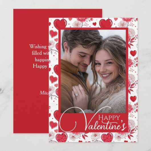 Floral Hearts Happy Valentijns's Custom Photo Feestdagenkaart (Voorkant / Achterkant)