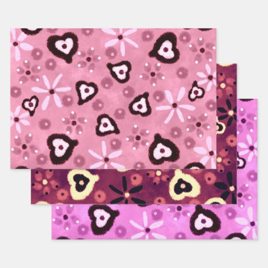 Floral Hearts Shades of Pink Pattern Decoupage Inpakpapier Vel (Set)