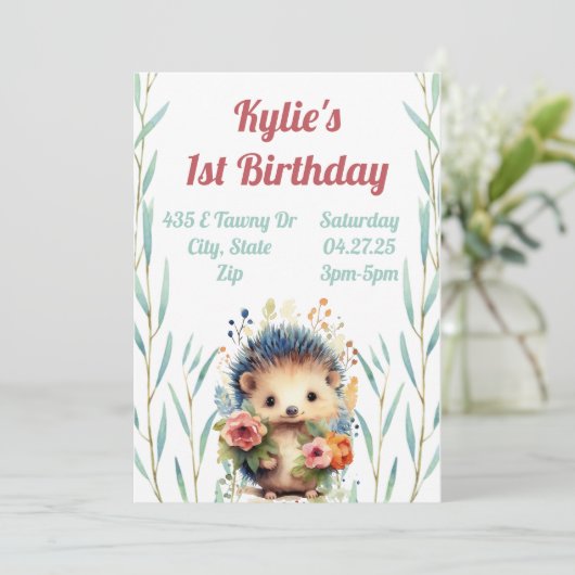 Floral Hedgehog verjaardagsuitnodiging Kaart (Staand voorkant)