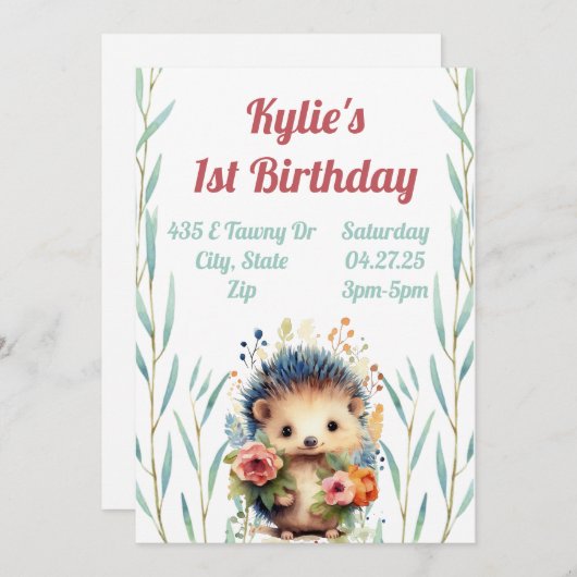 Floral Hedgehog verjaardagsuitnodiging Kaart (Voorkant / Achterkant)