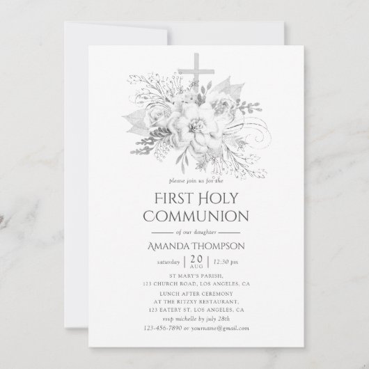  Floral-Heilige Communie, wit en zilver Kaart (Voorkant)