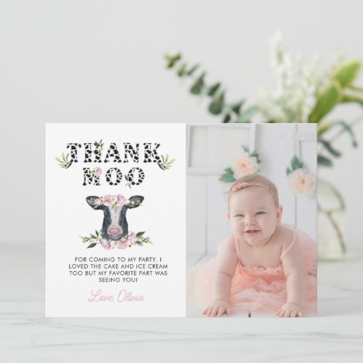 Floral Heilige Koe Dank Moo Birthday Bedankkaart (Staand voorkant)