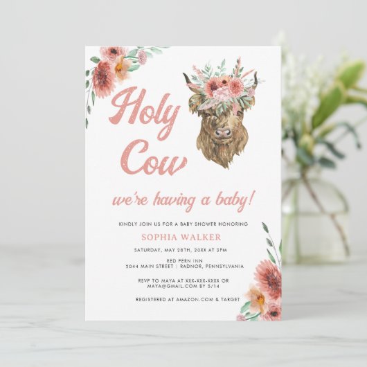 Floral Heilige Koe Westerne Baby Girl Shower Kaart (Staand voorkant)
