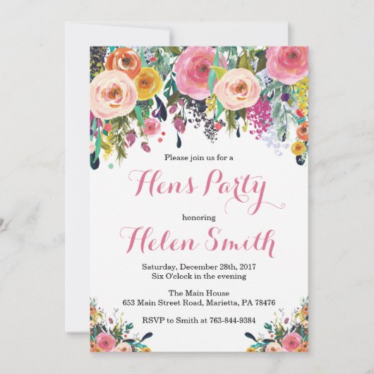 Floral Hens Party Invitation Kaart Waterverf (Voorkant)