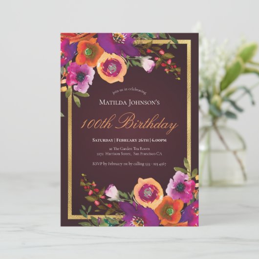 Floral Herfst Bourgondië 100ste verjaardagsfeest Kaart (Staand voorkant)