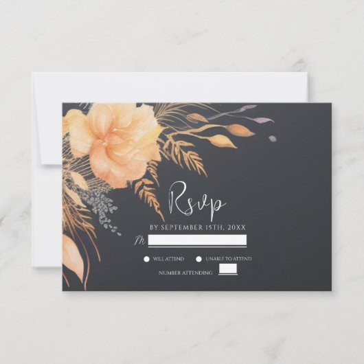 Floral Herfst Elegant Zwart Bruiloft RSVP Kaartje (Voorkant)
