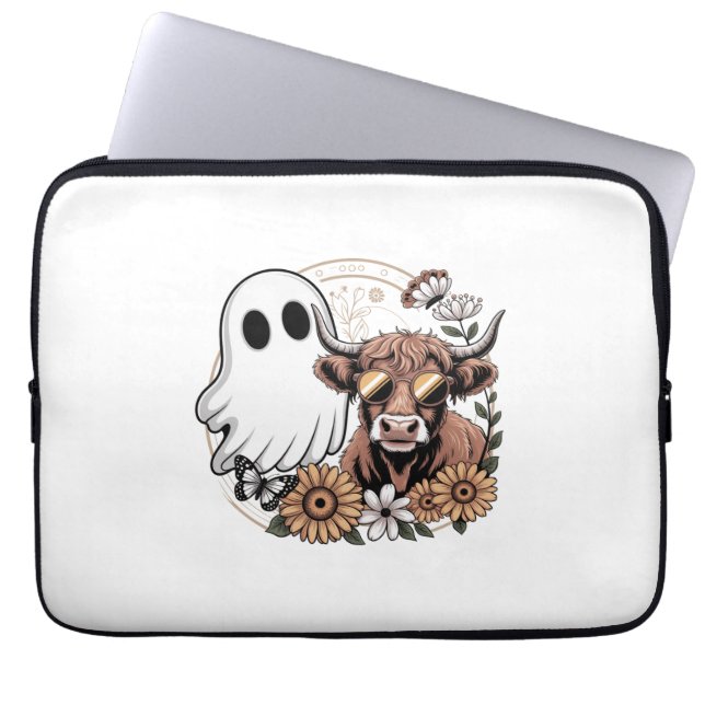 Floral Herfst Highland Koe Ghost Laptop Sleeve (Voorkant)
