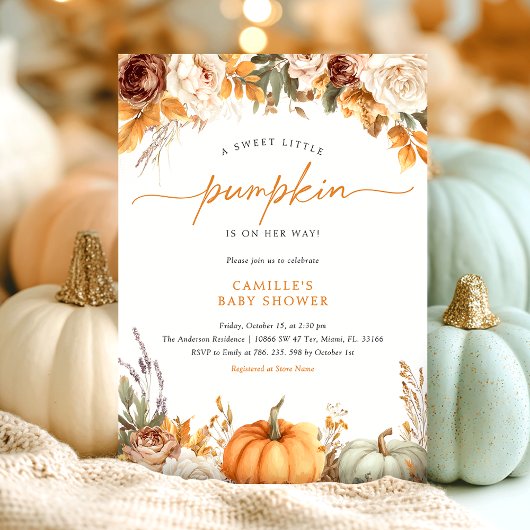 Floral Herfst Little Pumpkin Baby shower Uitnodigi Kaart