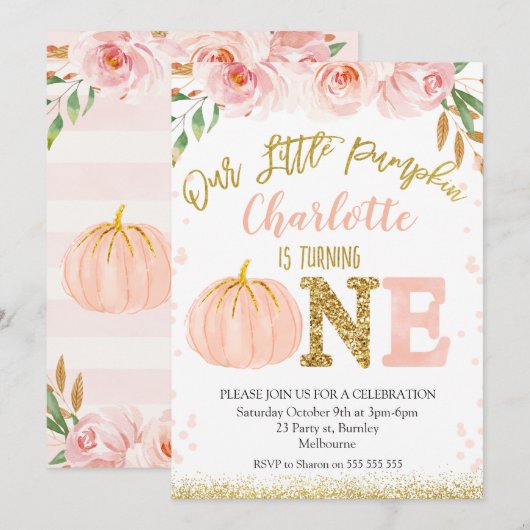 Floral Herfst Little Pumpkin Birthday Invitation Kaart (Voorkant / Achterkant)
