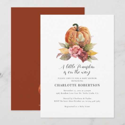 Floral Herfst pompoen Baby shower Kaart (Voorkant / Achterkant)