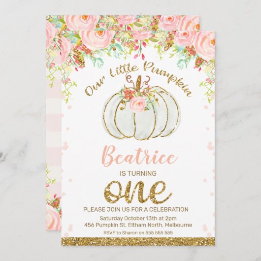 Floral Herfst Pumpkin 1e verjaardag Uitnodiging (Voorkant / Achterkant)