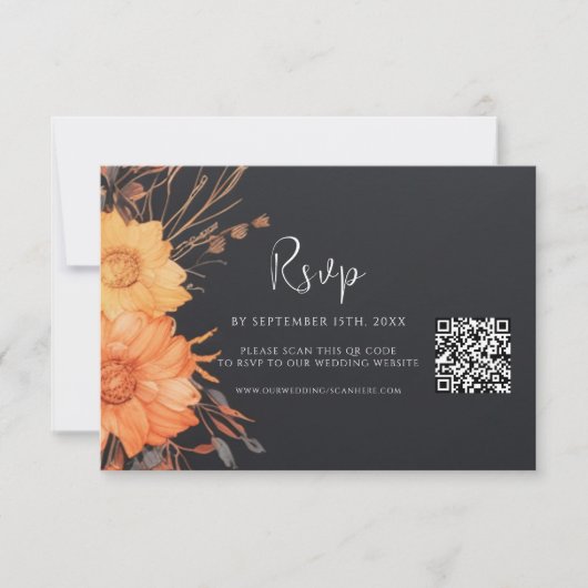 Floral Herfst QR Code Zwart Bruiloft RSVP Kaartje (Voorkant)
