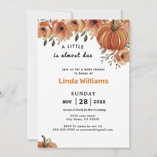 Floral Herfst Theme | Little Pumpkin-Baby shower Kaart (Voorkant)