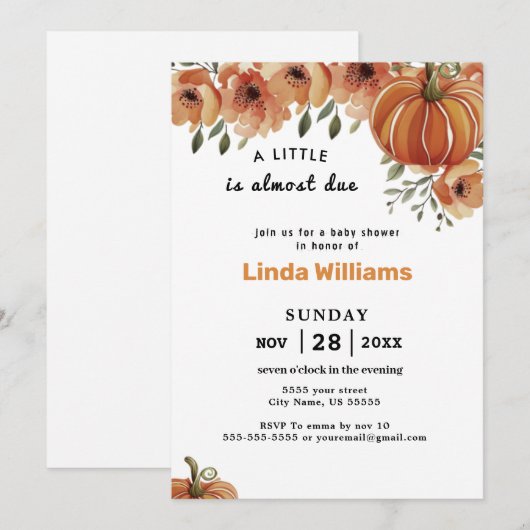 Floral Herfst Theme | Little Pumpkin-Baby shower Kaart (Voorkant / Achterkant)