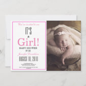 Floral Het is een meisje. Roze foto-Baby shower Kaart (Voorkant)