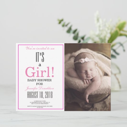 Floral Het is een meisje. Roze foto-Baby shower Kaart (Staand voorkant)