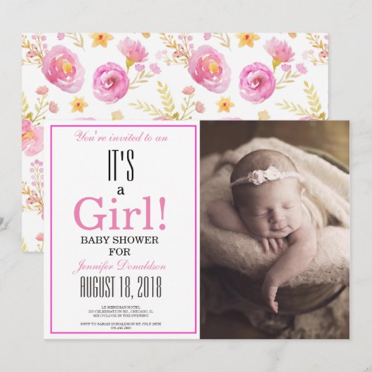 Floral Het is een meisje. Roze foto-Baby shower Kaart (Voorkant / Achterkant)
