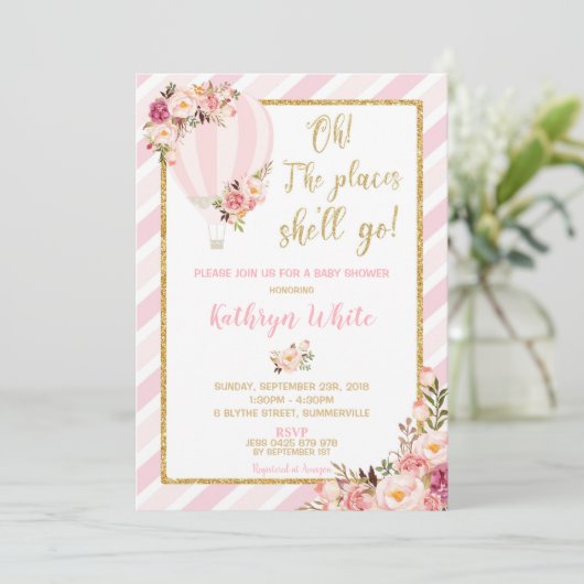 Floral Hete Luchtballon Baby shower Uitnodiging Me (Staand voorkant)