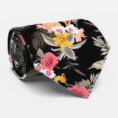 Floral Hibiscus Pineapple Hawaiian Print op zwart Stropdas (Opgerold)