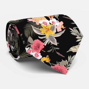 Floral Hibiscus Pineapple Hawaiian Print op zwart Stropdas