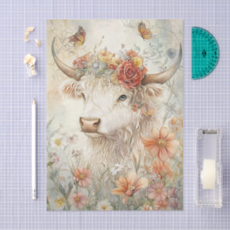 Floral Highland Cow Vintage Illustration Decoupage Tissuepapier