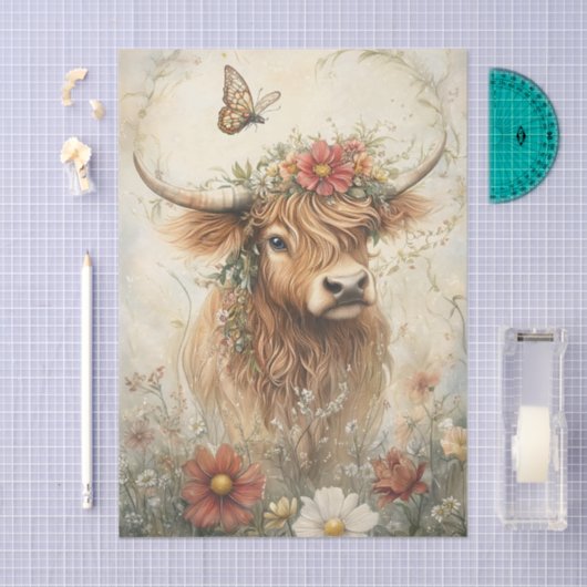Floral Highland Cow With Wildflowers Decoupage Tissuepapier (Craft)