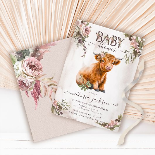Floral Highland Koe Baby shower Kaart