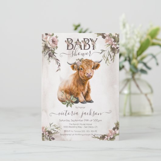 Floral Highland Koe Baby shower Kaart (Staand voorkant)