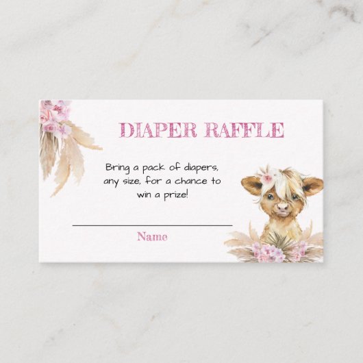 Floral Highland Koe Baby shower Luier Raffle Informatiekaartje (Voorkant)