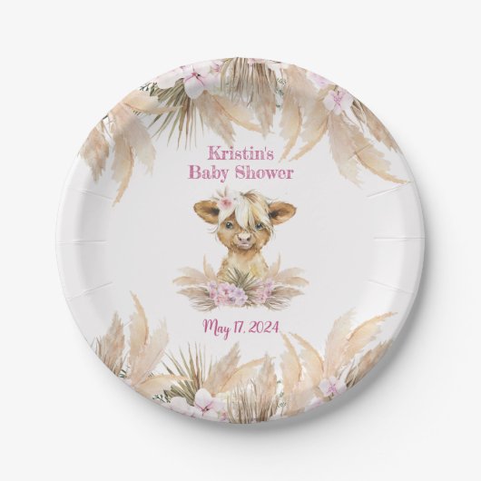 Floral Highland Koe Baby shower Papieren Bordje (Voorkant)