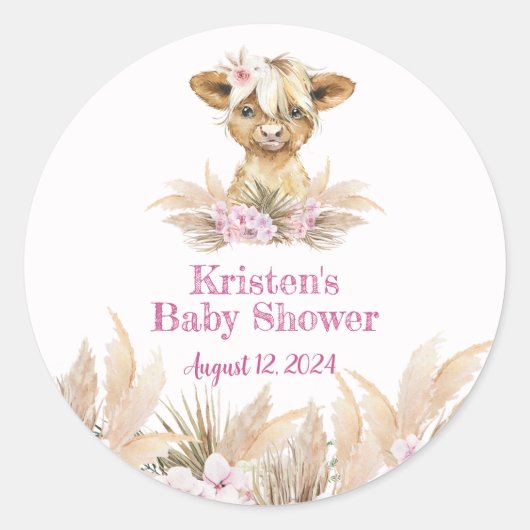 Floral Highland Koe Baby shower Ronde Sticker (Voorkant)