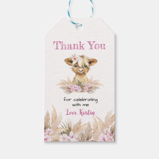 Floral Highland Koe Bedankt Favor Cadeaulabel (Voorkant)