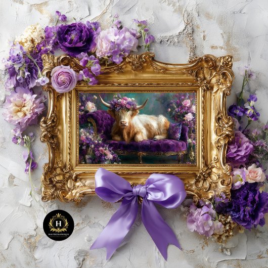 Floral Highland Koe op Paarse Chaise Decoupage Tissuepapier