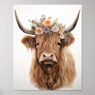 Floral Highland Koe Poster