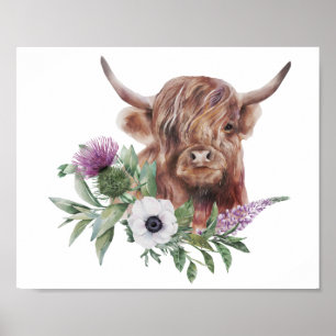 Floral Highland Koe Waterverf Ontkoppeling afdrukk Poster