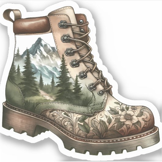 Floral Hiking Boot Vinyl Sticker | Die-Cut Sticker (Voorkant)